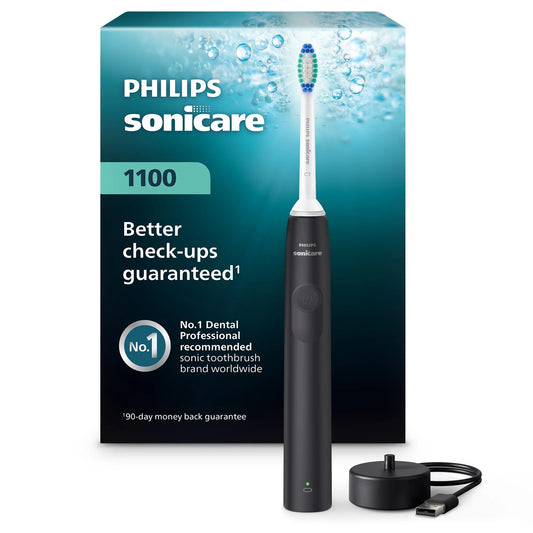 Philips  1100 Series Electric Toothbrush - Sonic Toothbrush with Advanced Sonic Technology, Easystart, Smartimer & Quadpacer, Black, Model HX3641/03