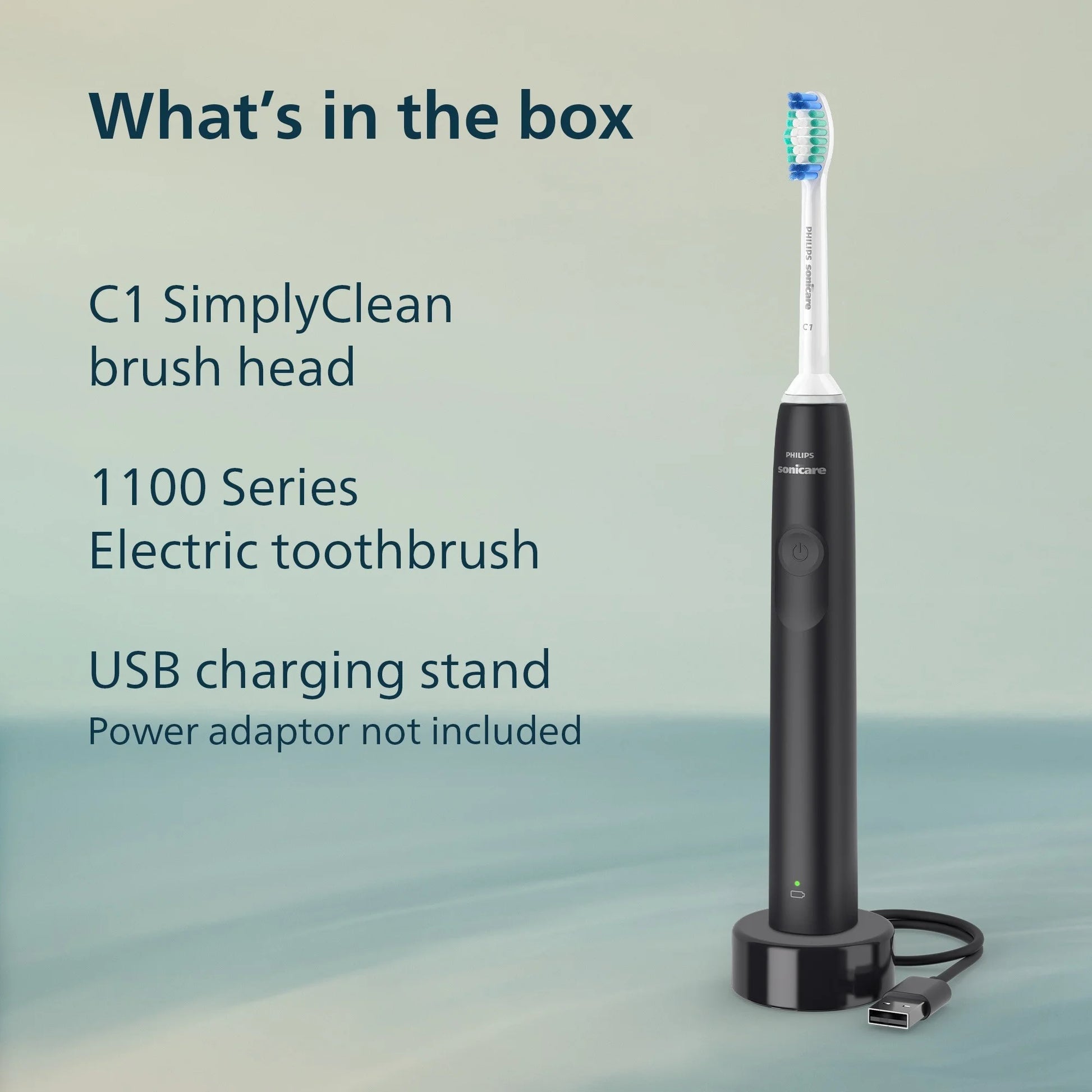 Philips  1100 Series Electric Toothbrush - Sonic Toothbrush with Advanced Sonic Technology, Easystart, Smartimer & Quadpacer, Black, Model HX3641/03