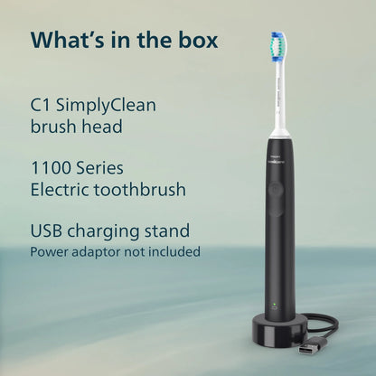 Philips  1100 Series Electric Toothbrush - Sonic Toothbrush with Advanced Sonic Technology, Easystart, Smartimer & Quadpacer, Black, Model HX3641/03